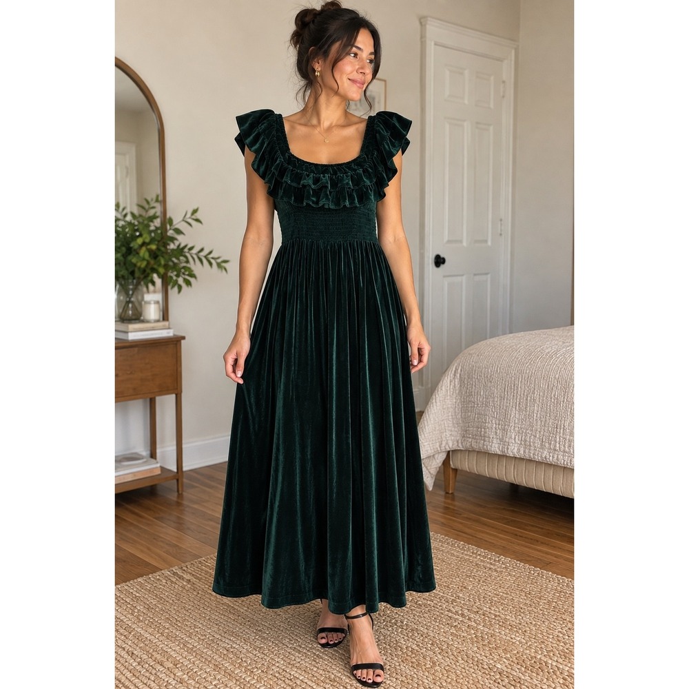 Hill House Home Akilah Nap Dress Emerald Green Velvet Silk Blend Midi S